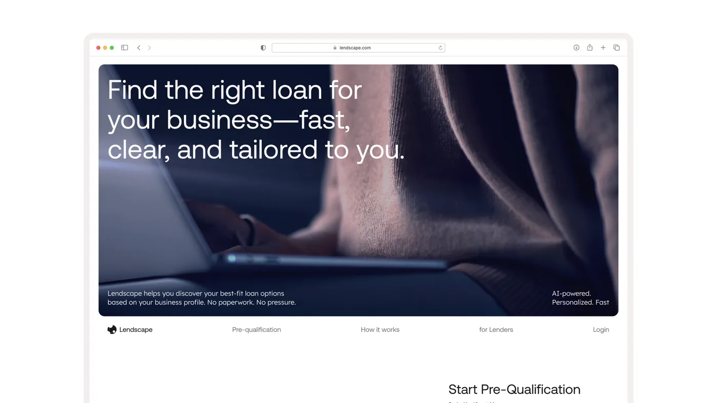 Lendscape landing page: find the right loan for your business, fast, clear and tailored to you.